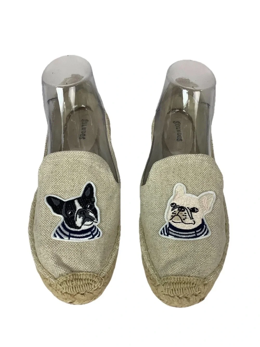 Soludos Women's Sz 8.5 French Bulldog Embroidered Espadrille Flats Tan Shoes